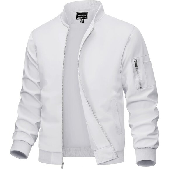🆕 Men White Bomber Jacket Lightweight Casual Windbreaker Full Zip Spring Coat - Picture 1 of 6